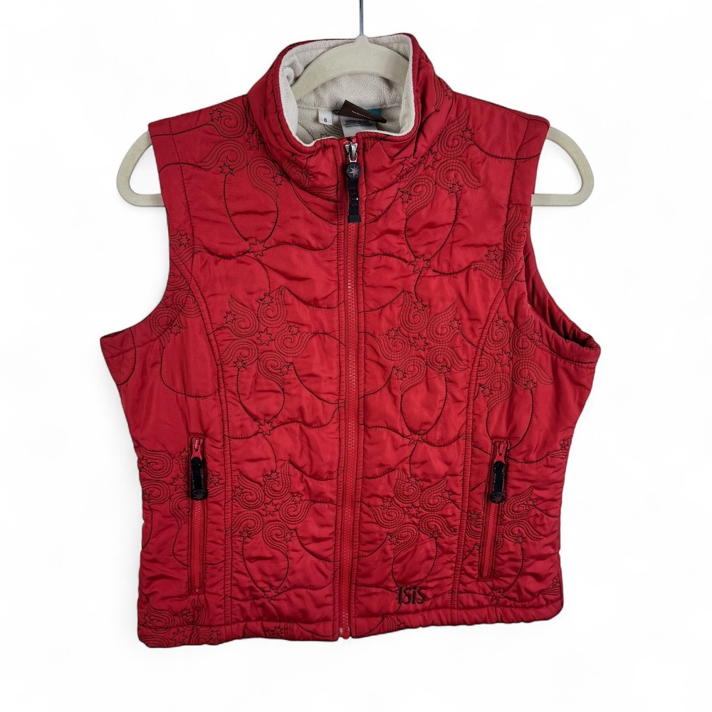 ISIS Women Oarngish Red Quilted Embroidered Fleece Lined Full Zip Outdoor Vest 8